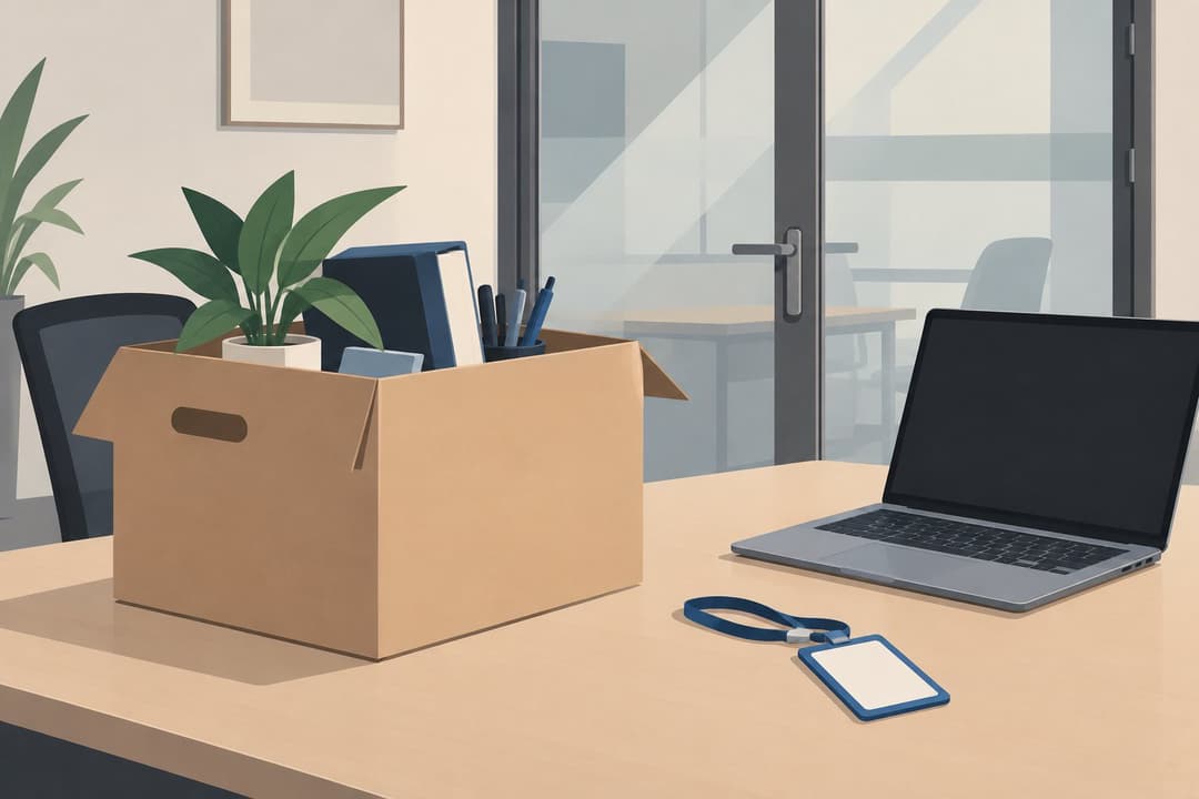 Carton et badge sur un bureau vide devant une porte de laboratoire fermée.