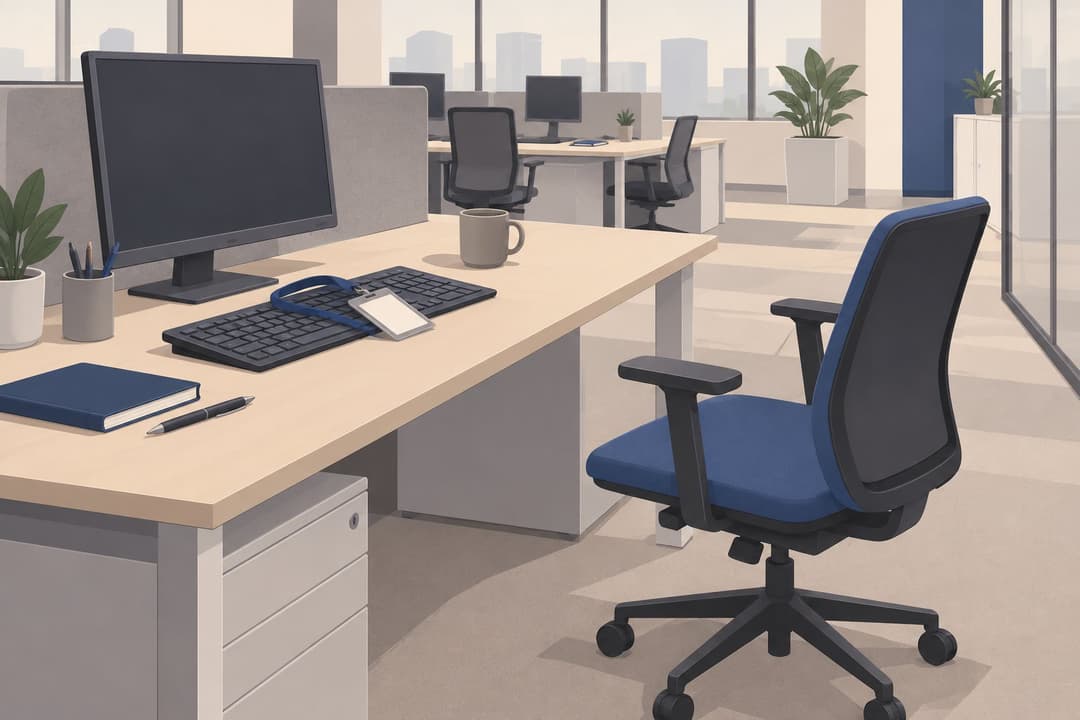 Un bureau vide, un badge sur un clavier, une chaise reculée.