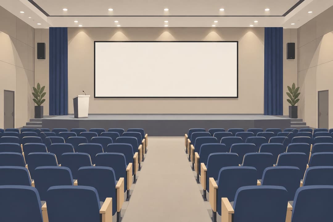 Salle de conférence vide, scène et écran vierge face aux sièges.