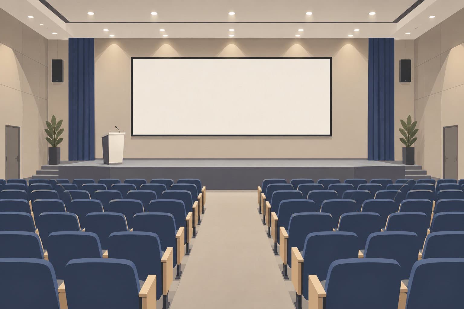 Salle de conférence vide, scène et écran vierge face aux sièges.