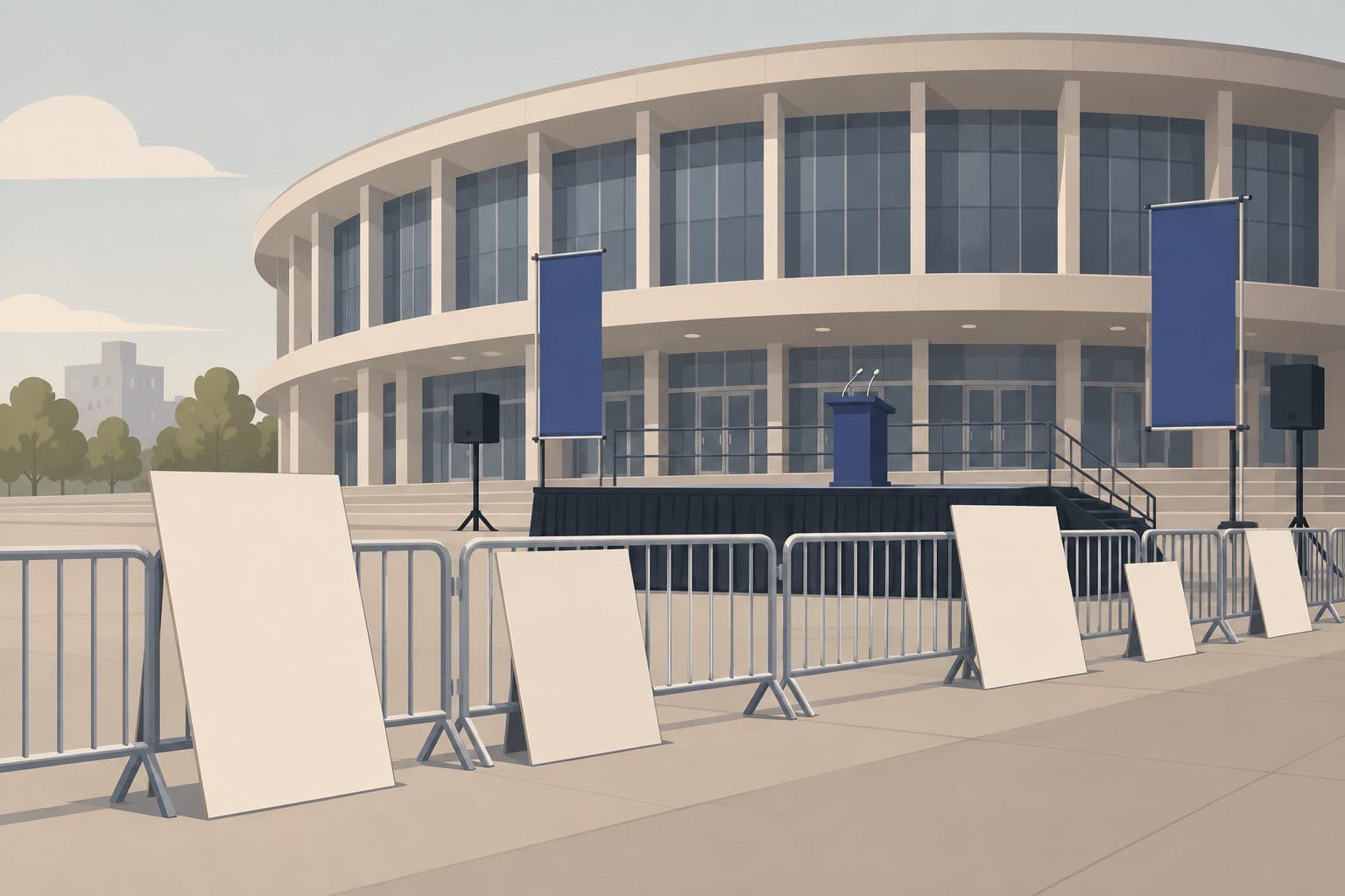 Pancartes vierges et estrade vide devant une salle de spectacle ronde.