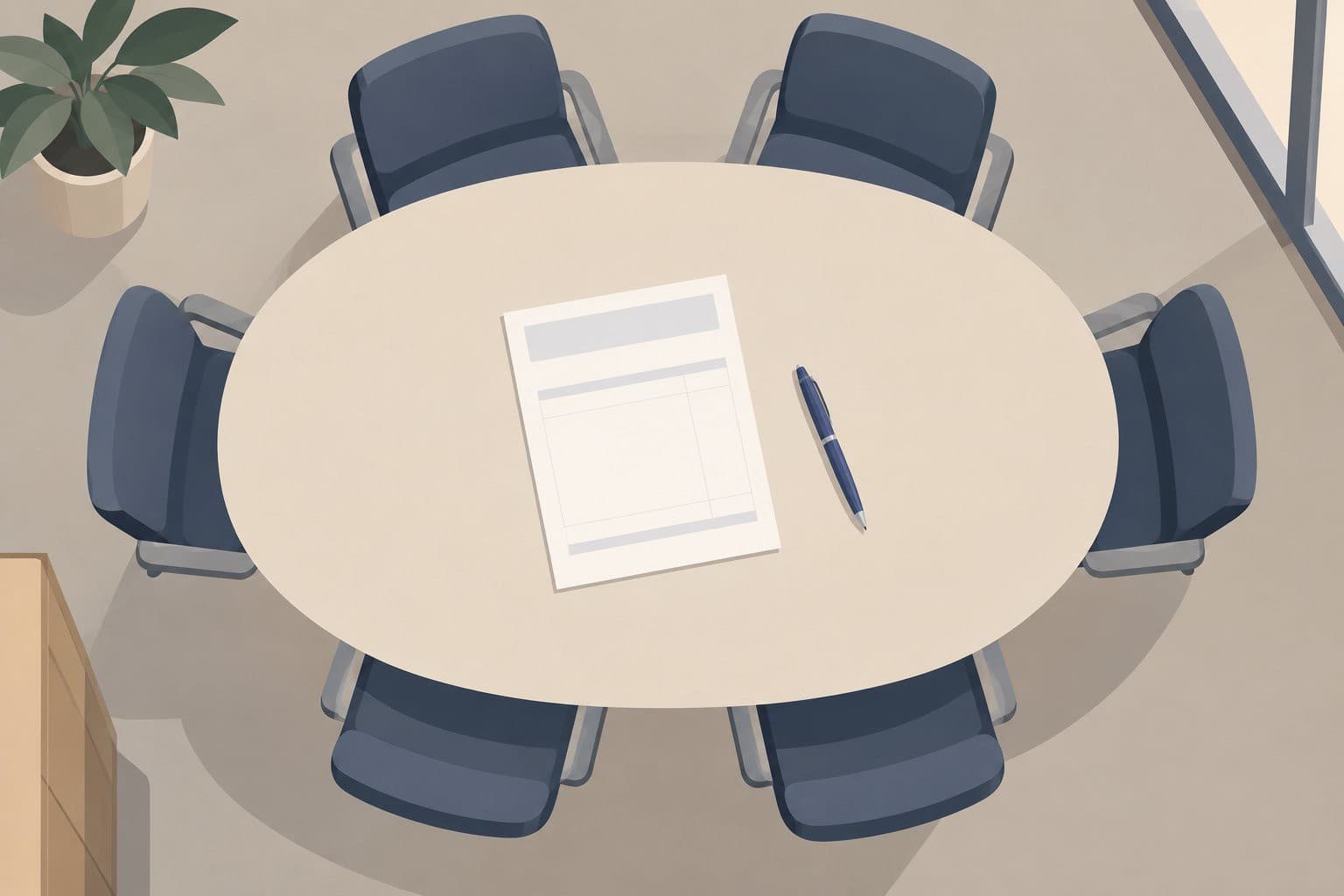 Table de réunion vide avec une facture vierge et un stylo posés dessus.
