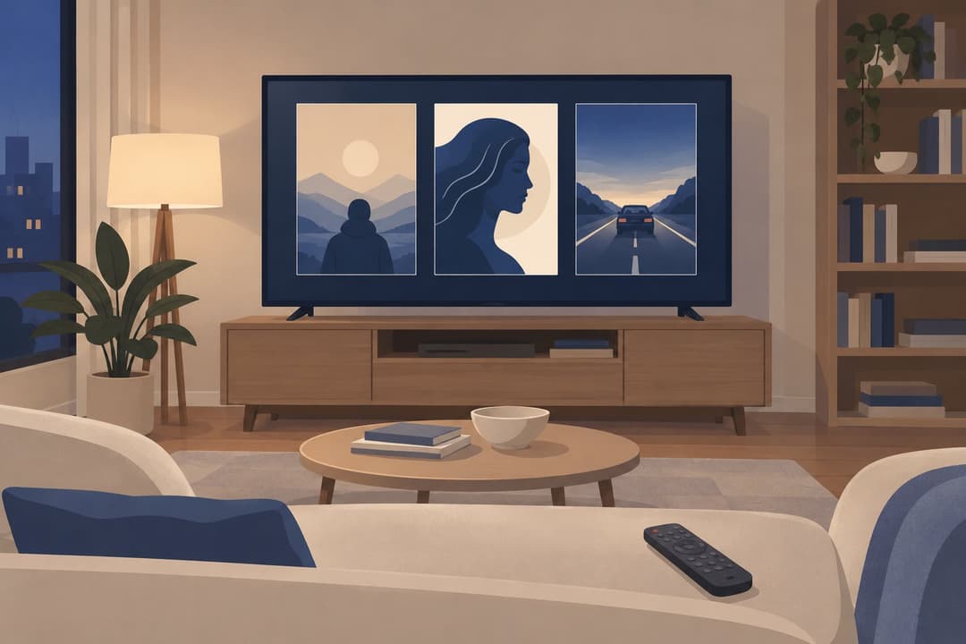 Écran de télévision montrant trois affiches de films vierges, télécommande sur un canapé.