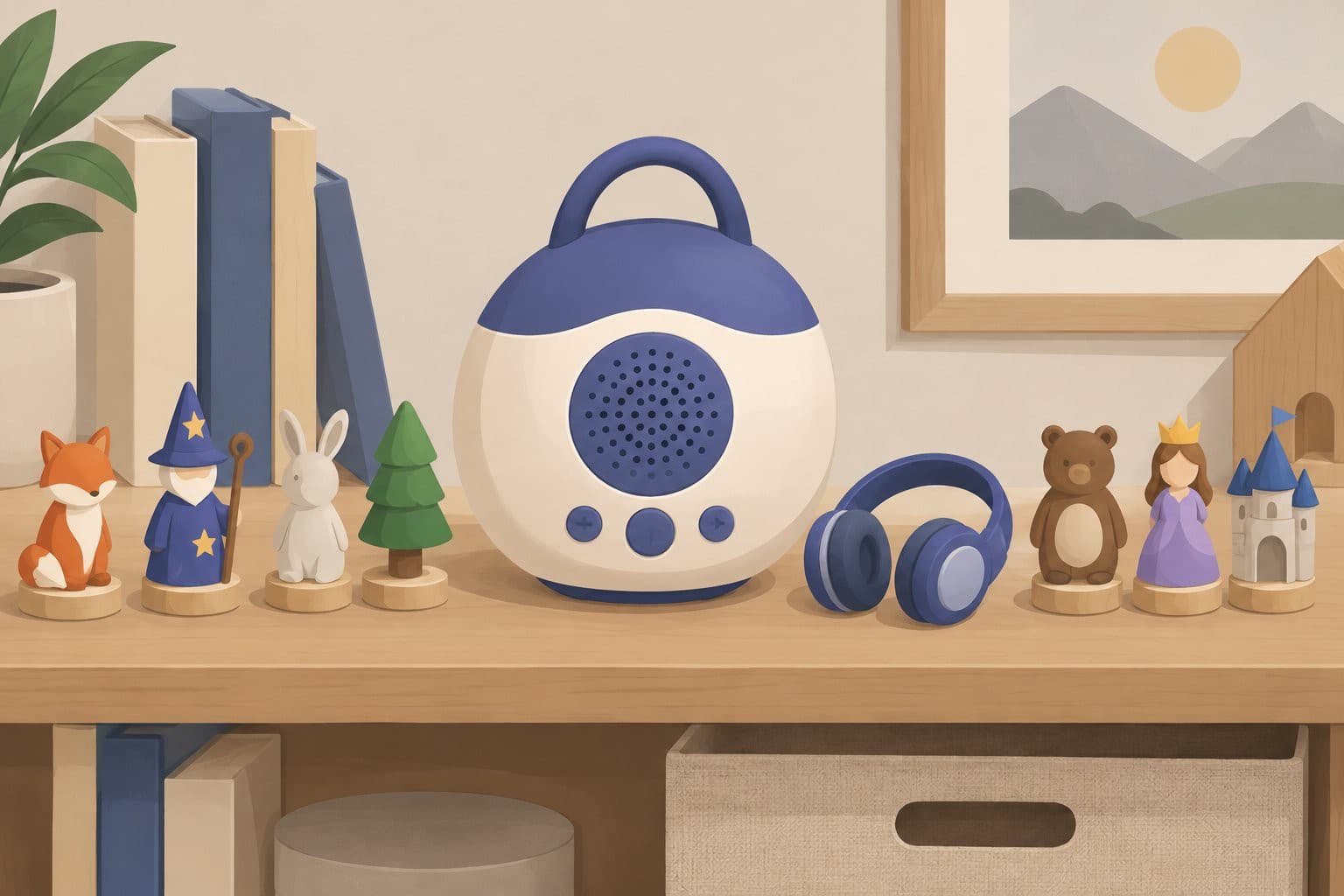 Conteuse audio ronde pour enfants sur une étagère avec figurines.