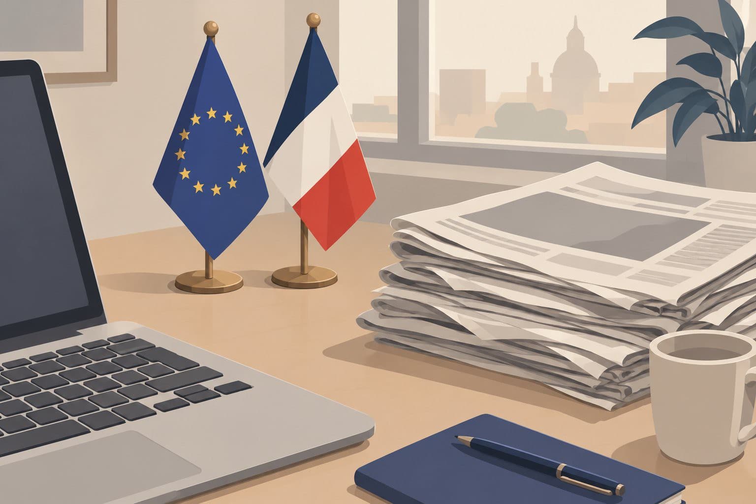 Clavier d'ordinateur près de petits drapeaux vierges et de journaux froissés.