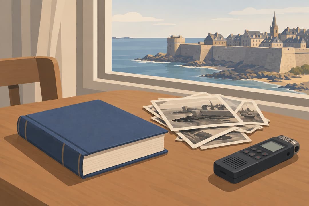 Livre relié, photographies anciennes et dictaphone sur une table face aux remparts.