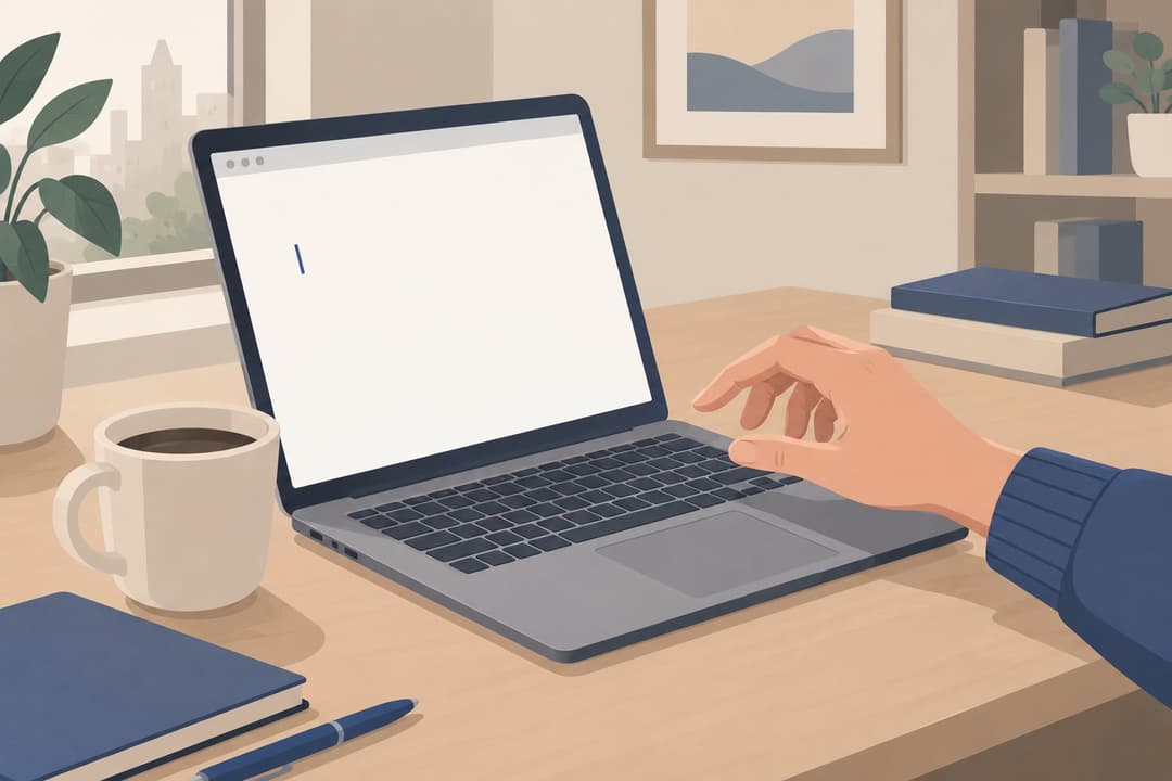Bureau avec ordinateur portable, page blanche, main hésitante au-dessus du clavier.
