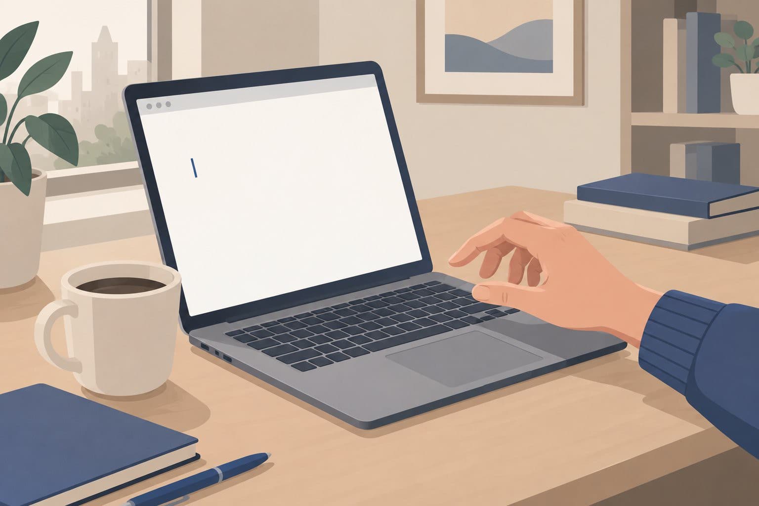 Bureau avec ordinateur portable, page blanche, main hésitante au-dessus du clavier.
