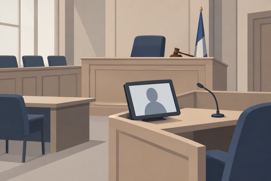 Écran d'avatar numérique sur le pupitre des témoins d'un tribunal vide.