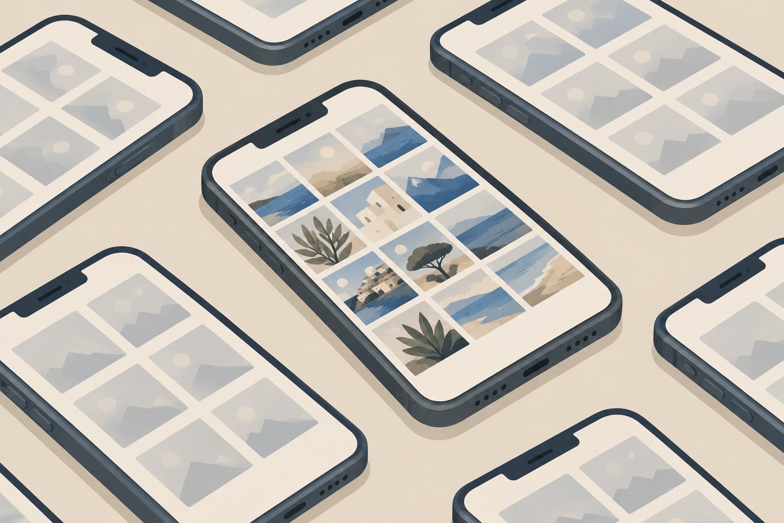 Plusieurs smartphones à plat montrant une mosaïque de photos vierges identiques.