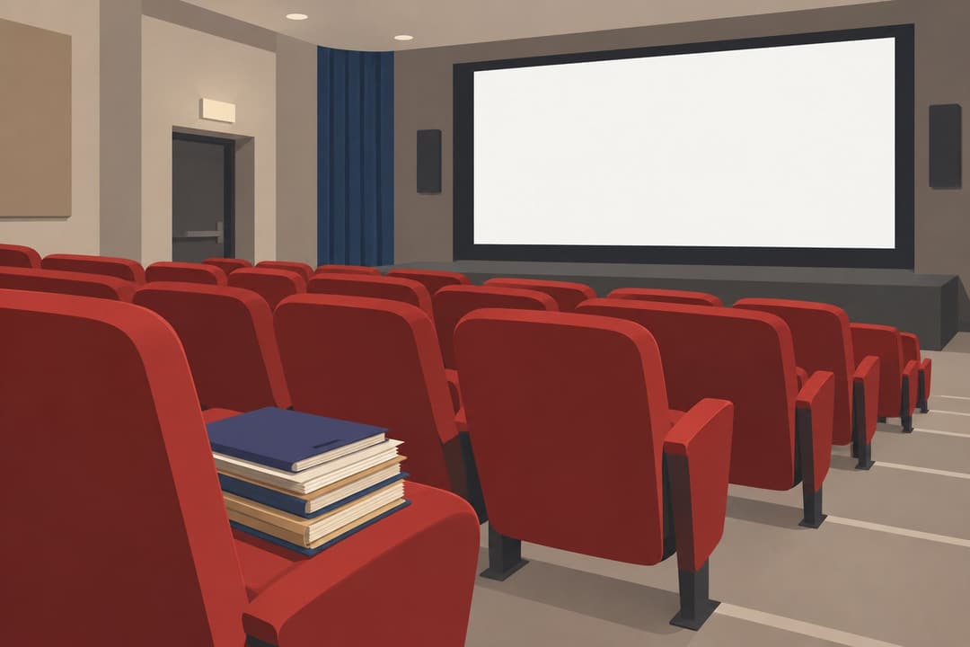 Salle de cinéma vide, écran blanc, dossiers de presse sur un fauteuil rouge.