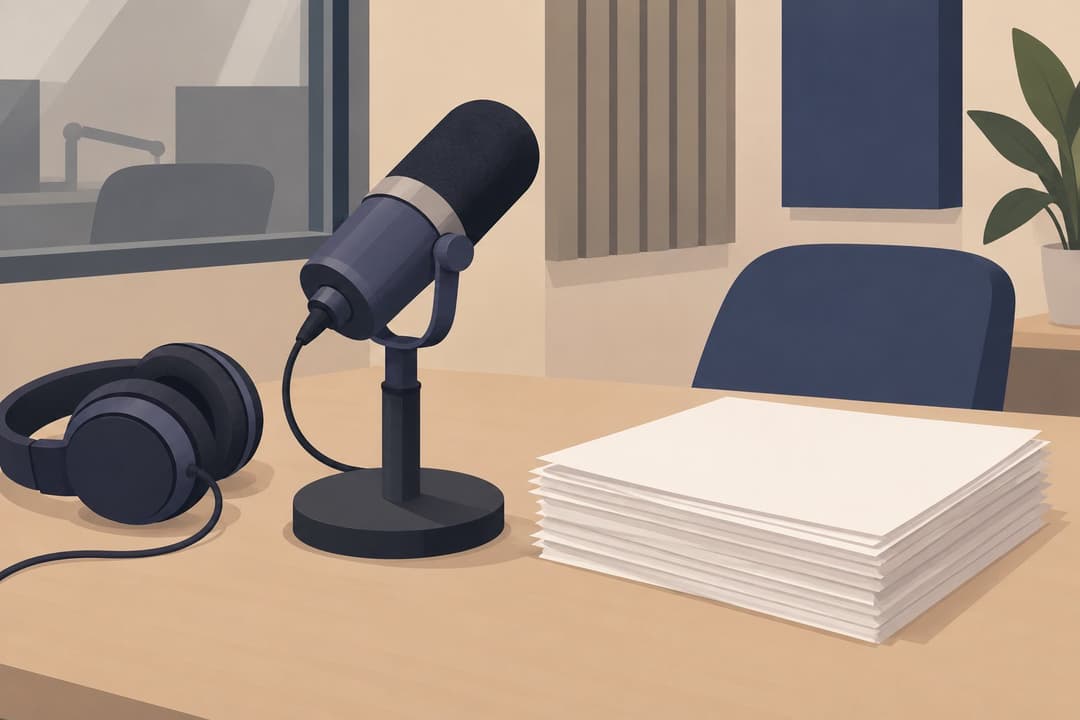 Microphone et casque audio sur une table de studio d'enregistrement.