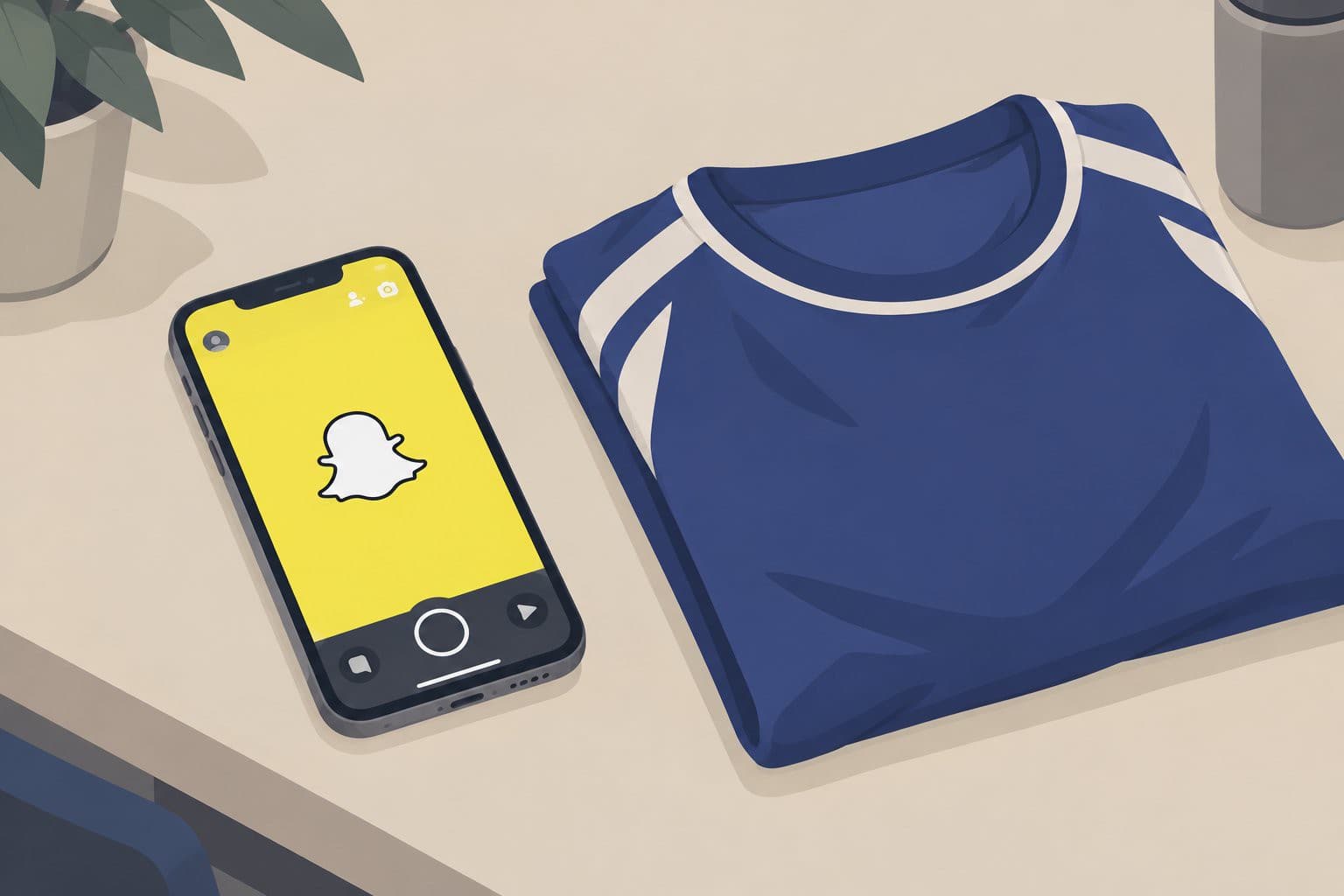 Un smartphone affichant Snapchat posé près d'un maillot de sport plié vierge.