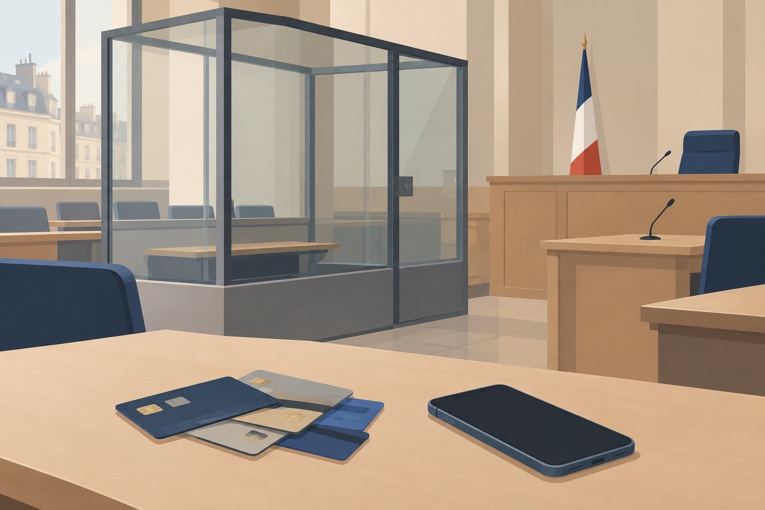 Box vitré vide et cartes bancaires empilées sur une table de tribunal.