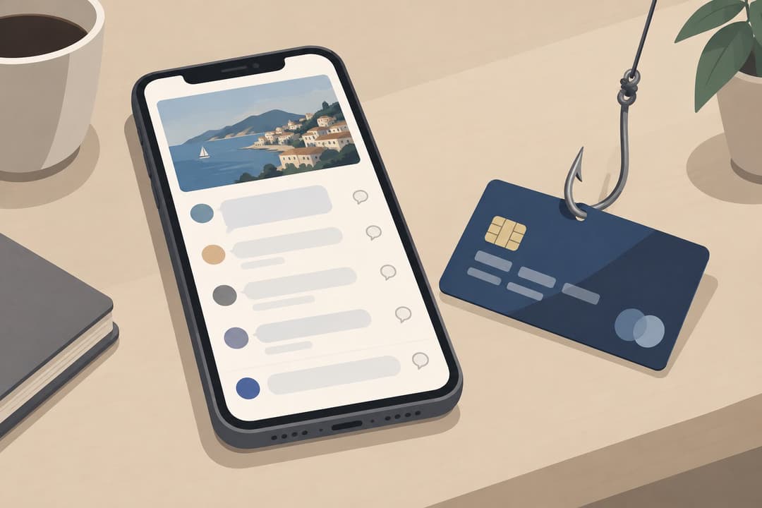 Smartphone avec bulles de commentaires vides et carte bancaire accrochée à un hameçon.