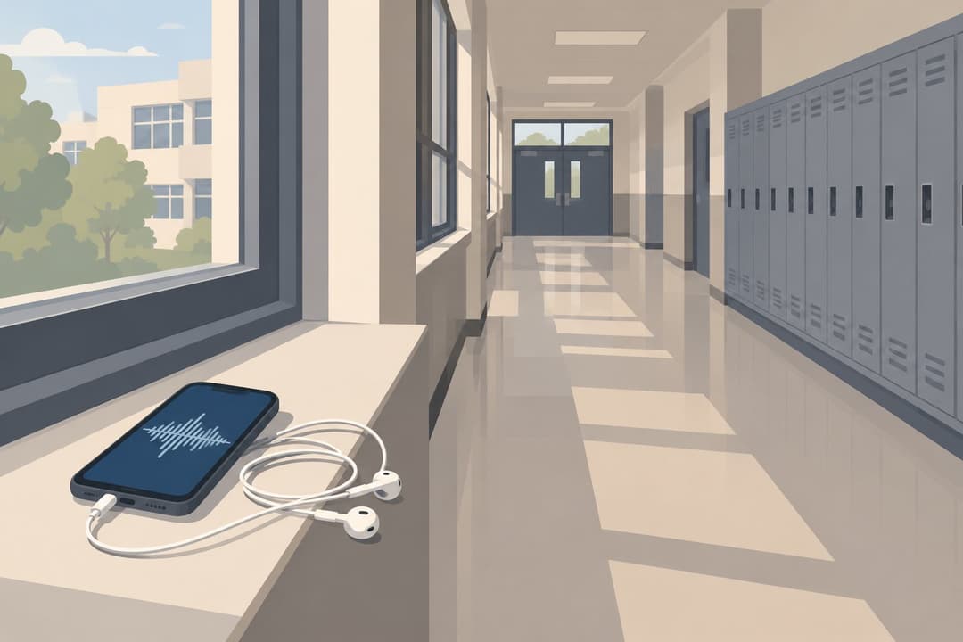 Couloir de lycée vide, smartphone à écran d'onde sonore, écouteurs posés près d'une fenêtre.