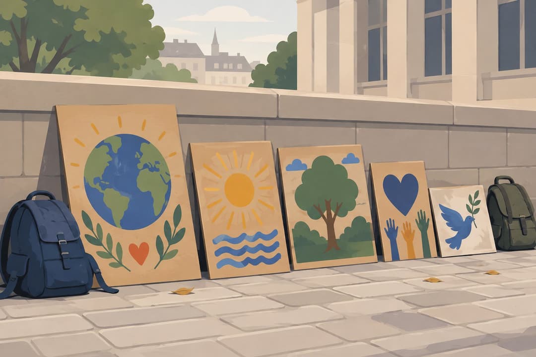 Pancartes de manifestation ornées de dessins colorés, sacs à dos posés au sol.