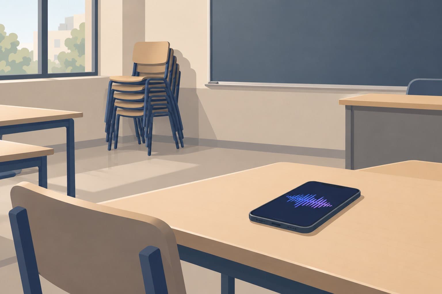 Salle de classe vide, chaises empilées, smartphone sur un bureau affichant une onde sonore.