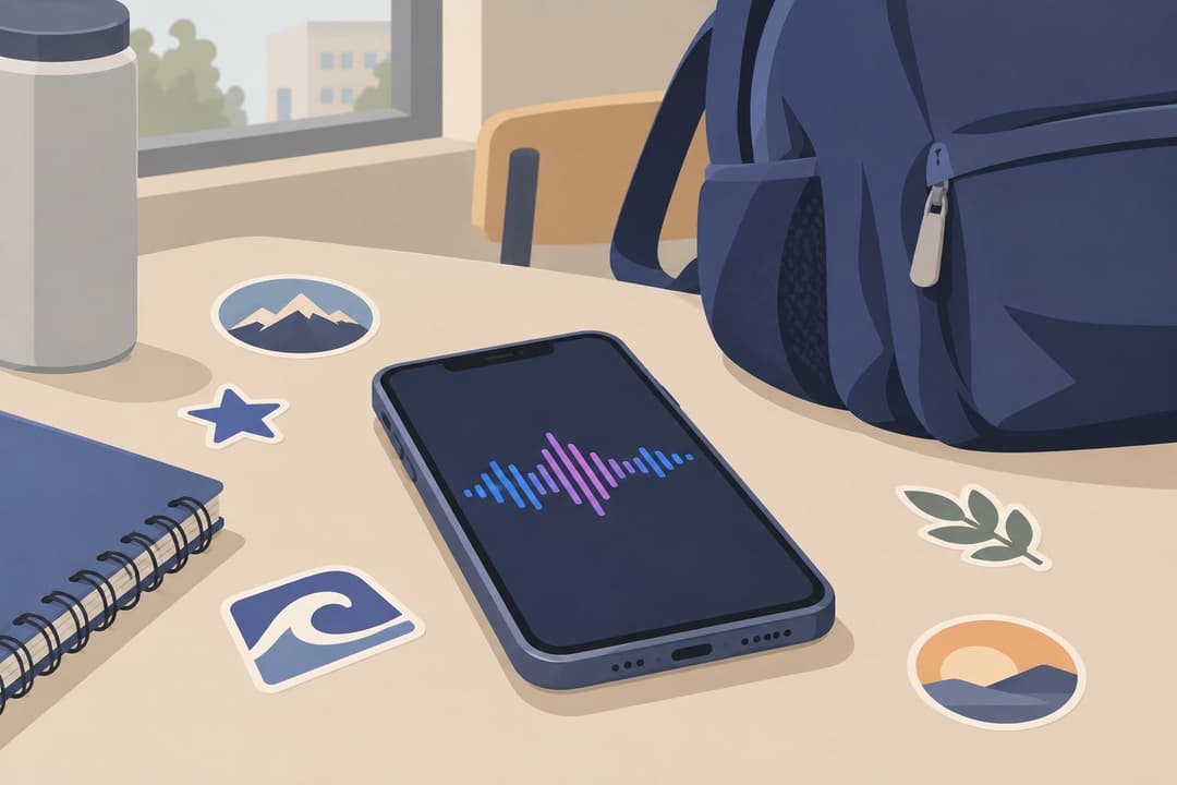 Téléphone affichant une onde sonore, sac à dos et autocollants de lycéen.