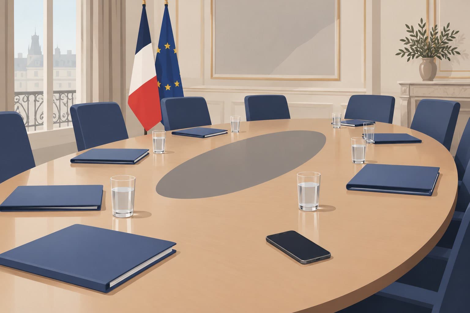 Table de réunion ministérielle avec dossiers fermés et un smartphone éteint posé dessus.