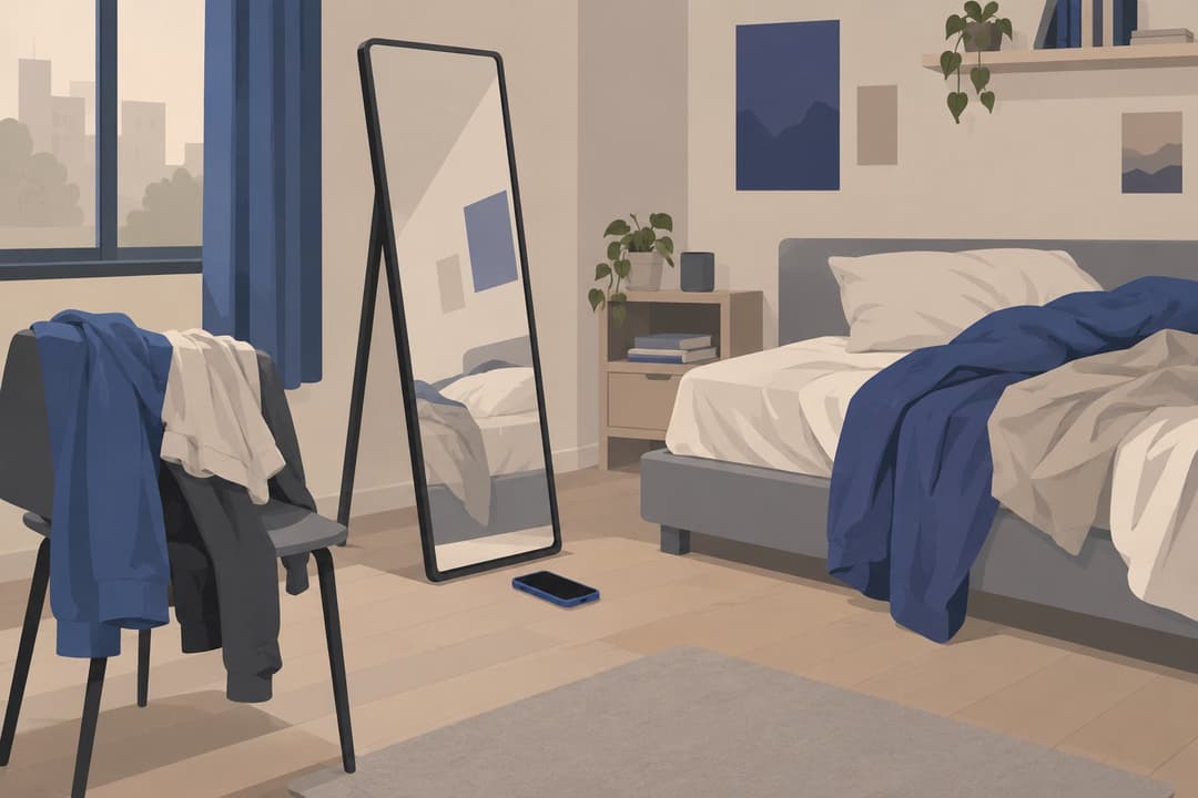 Chambre d'ado avec miroir sur pied et téléphone posé devant, lit défait.