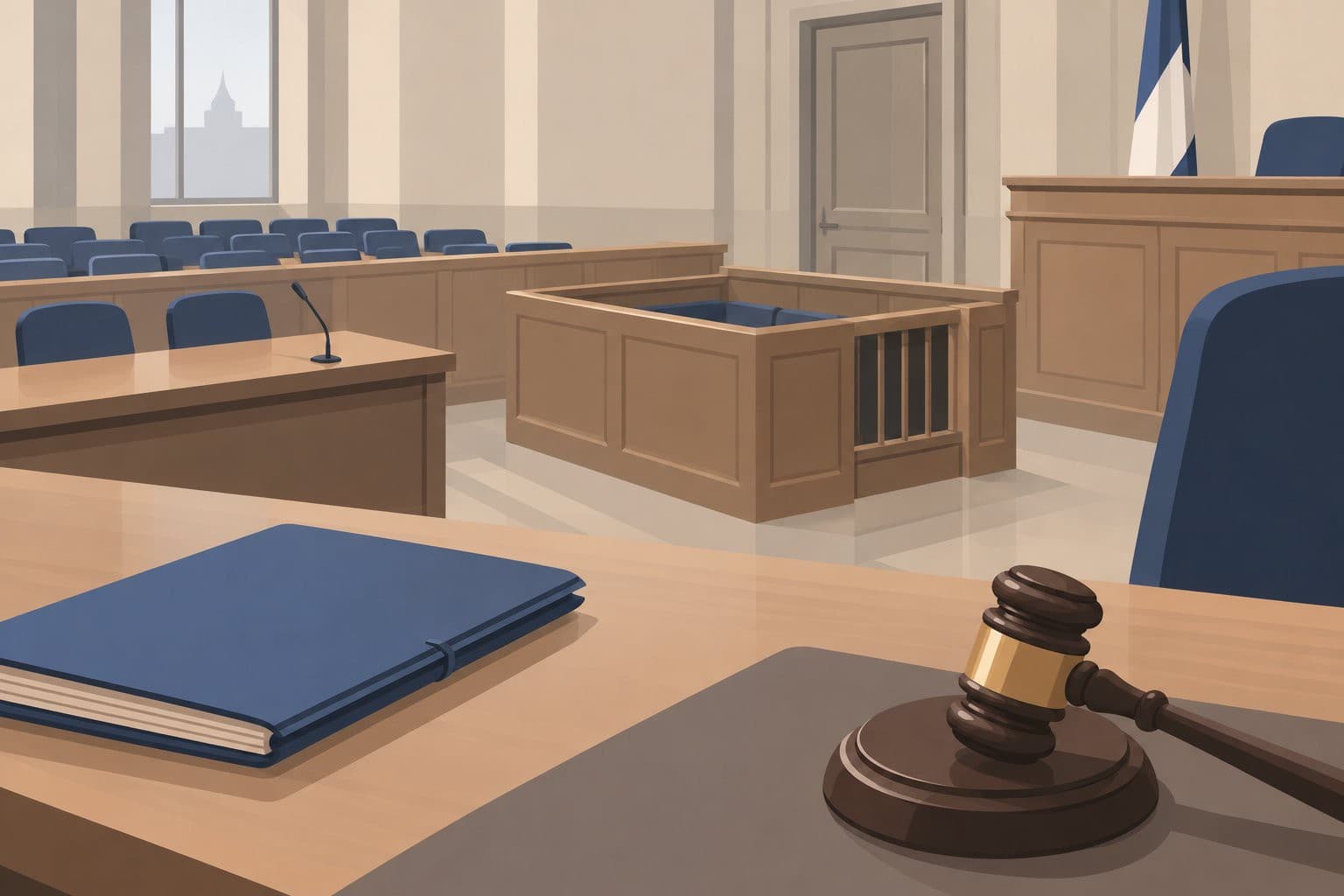 Salle d'audience vide, dossier fermé sur une table, marteau de juge au premier plan.