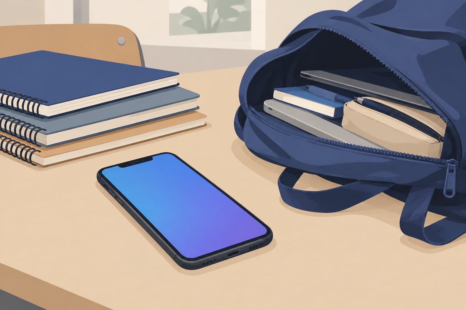 Téléphone à écran vierge coloré, posé près de cahiers et d'un sac à dos.