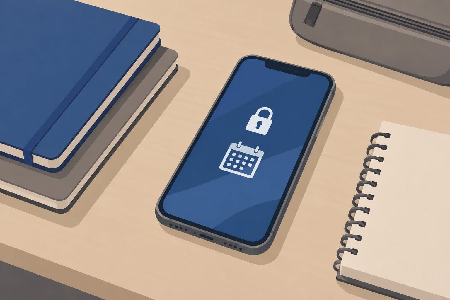 Smartphone verrouillé par un cadenas, entouré de cahiers d'écolier fermés.