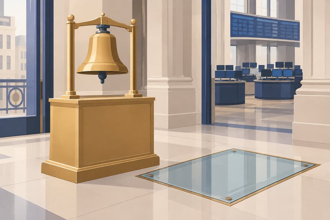 Socle doré avec cloche de bourse, plaque de verre vierge au sol.