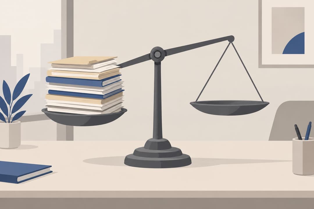 Balance déséquilibrée, un plateau de dossiers empilés, l'autre presque vide.