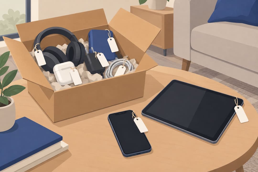 Carton d'objets électroniques divers prêts à être revendus en ligne.