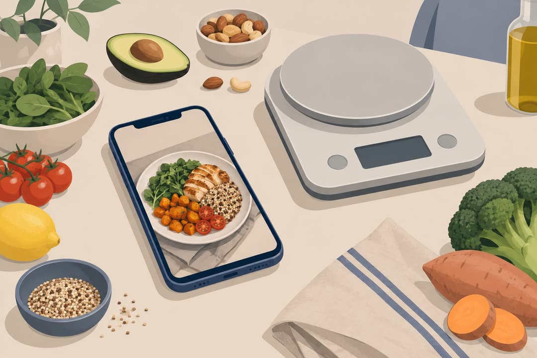 Smartphone sur une table photographiant une assiette, balance de cuisine et aliments à côté.