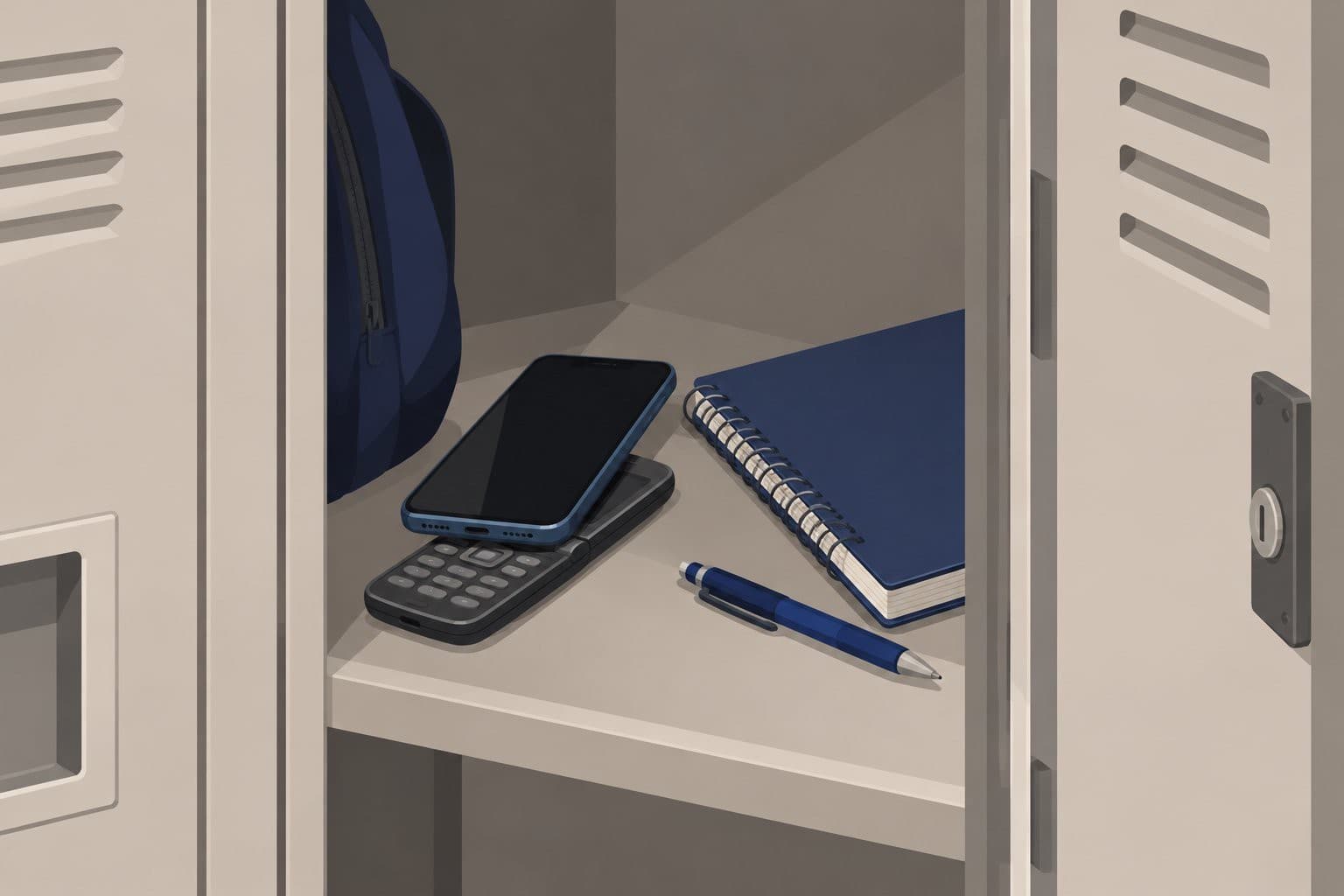 Casier de lycee ouvert avec smartphone eteint, telephone a clapet et cahier.