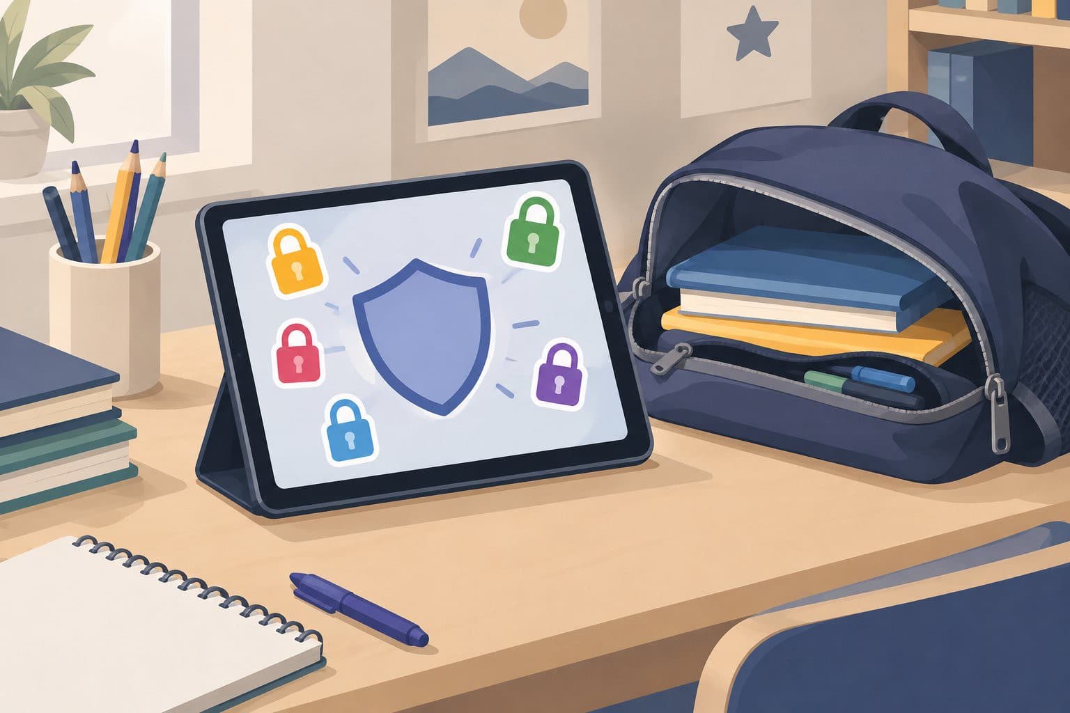 Bureau d'enfant avec tablette, bouclier vierge, stickers de cadenas et cartable ouvert.