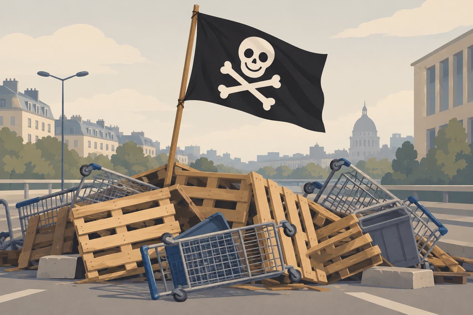 Drapeau pirate à tête de mort sur un barrage de rue improvisé.