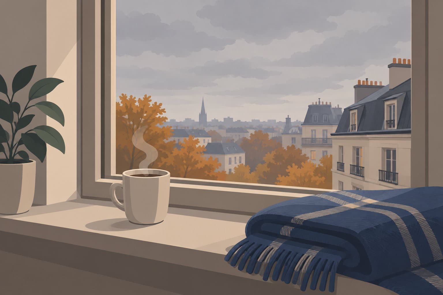 Fenêtre d'automne, ciel gris, tasse fumante et plaid sur le rebord.