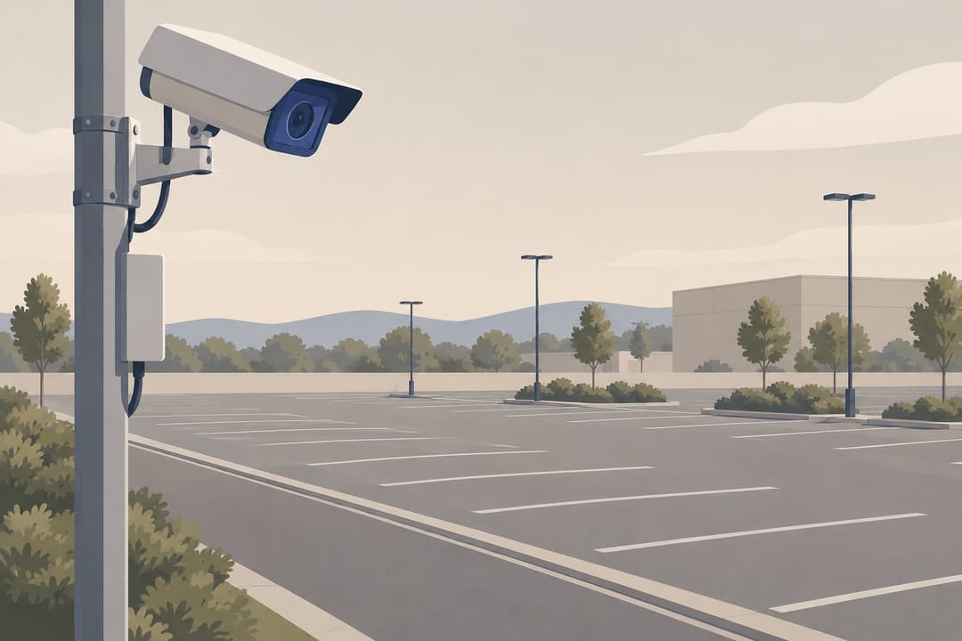Camera de surveillance sur un mat, au-dessus d'un parking vide.