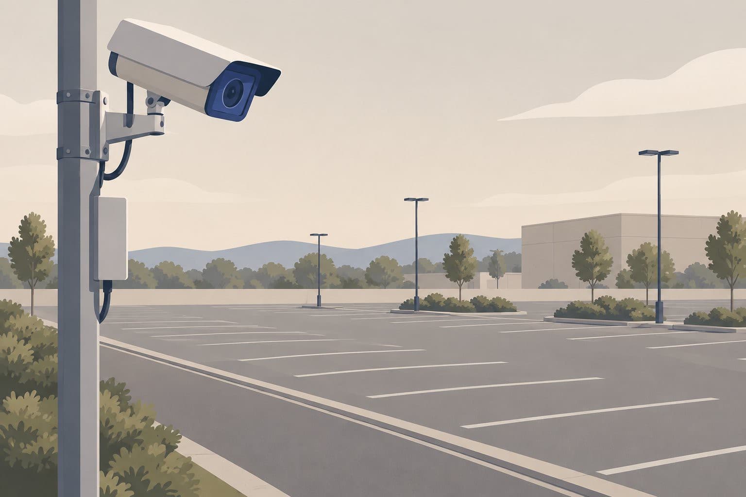 Camera de surveillance sur un mat, au-dessus d'un parking vide.