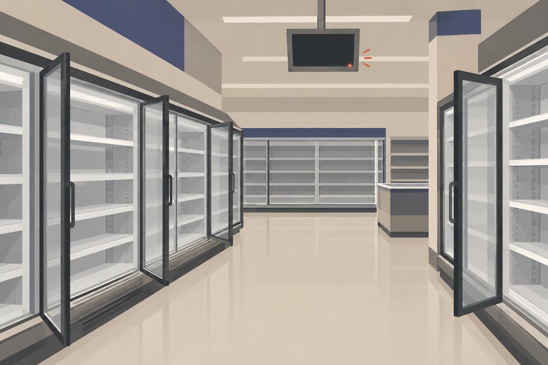 Allée de supermarché vide, réfrigérateurs ouverts, écran de température éteint.