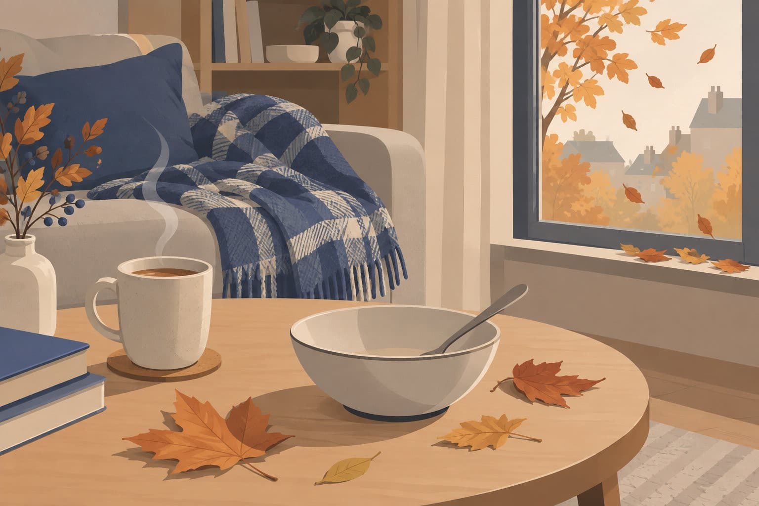 Table d'automne avec plaid, tasse fumante et bol vide, feuilles mortes près de la fenêtre.