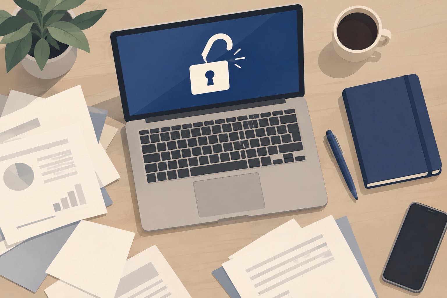 Bureau avec ordinateur à cadenas brisé, papiers éparpillés et carnet vierge.