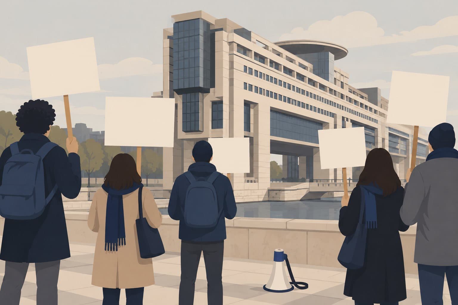Silhouettes de dos avec pancartes vierges devant le ministère des Finances à Bercy.
