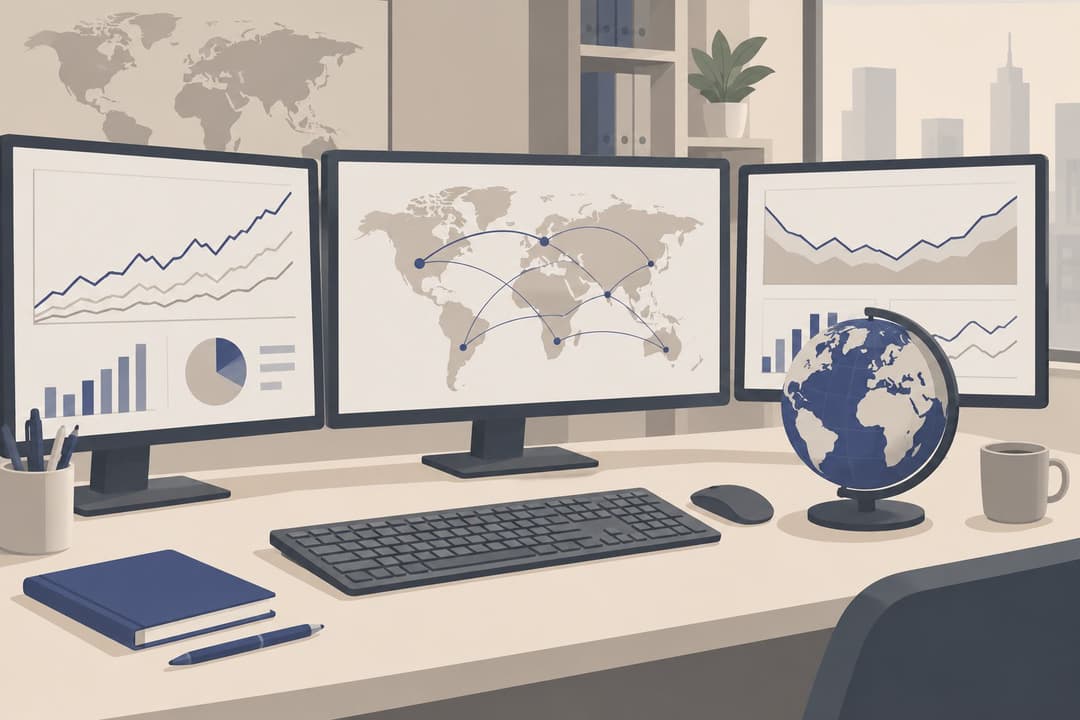Bureau d'analyse avec écrans vides, graphiques et un globe terrestre stylisé.