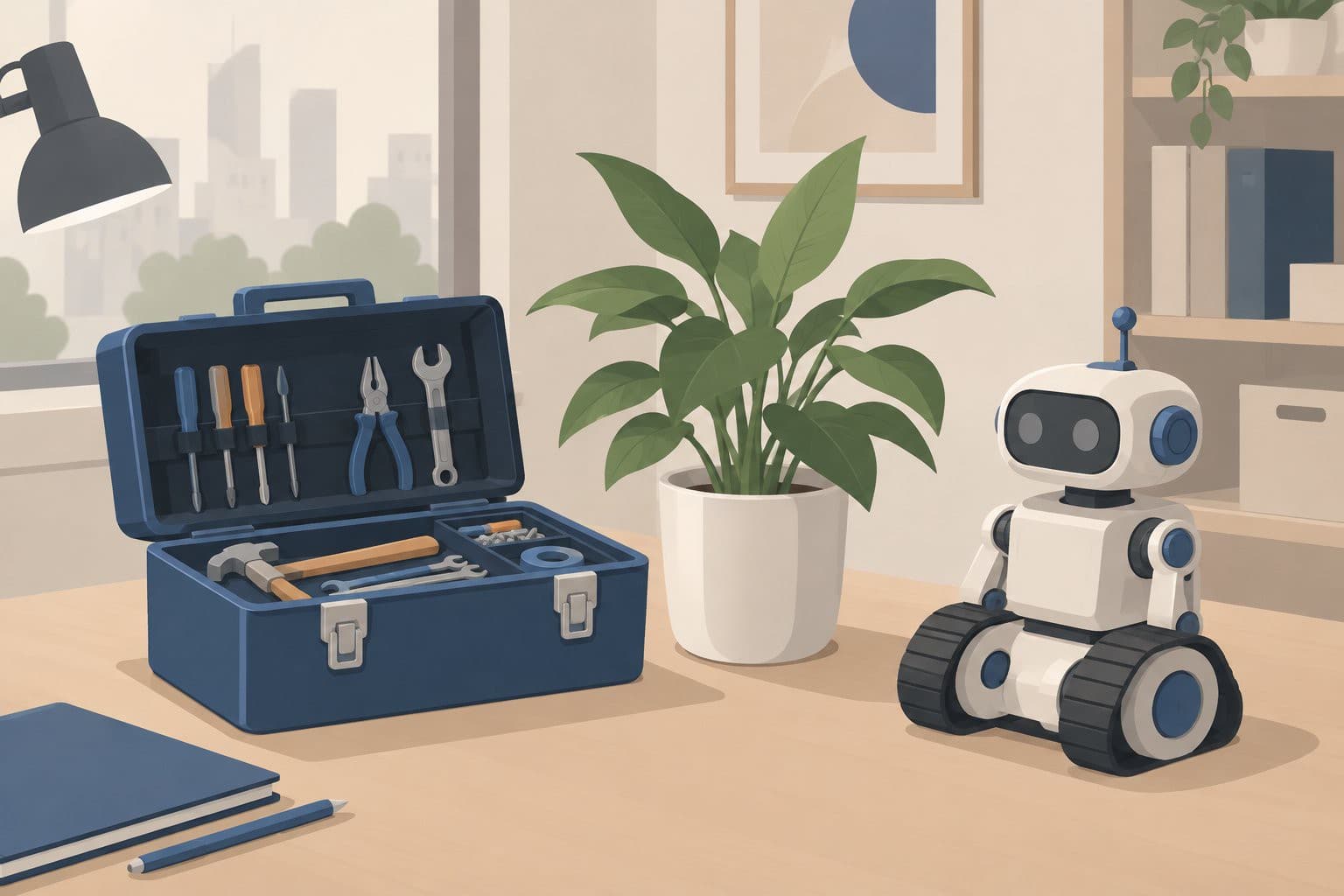 Boîte à outils ouverte et petit robot inactif sur un bureau.