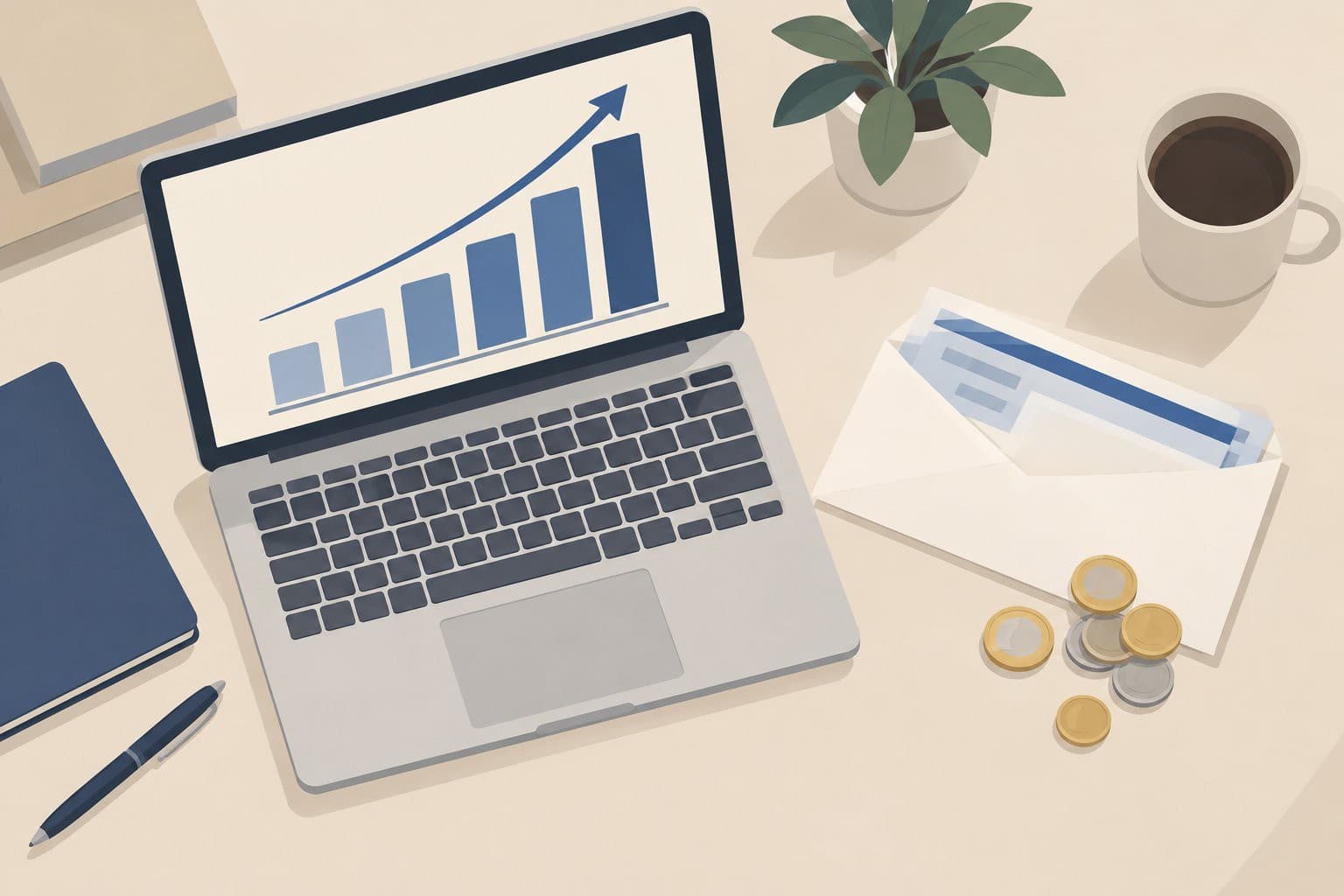 Bureau avec graphique ascendant sur ordinateur, enveloppe de paie et pièces de monnaie.