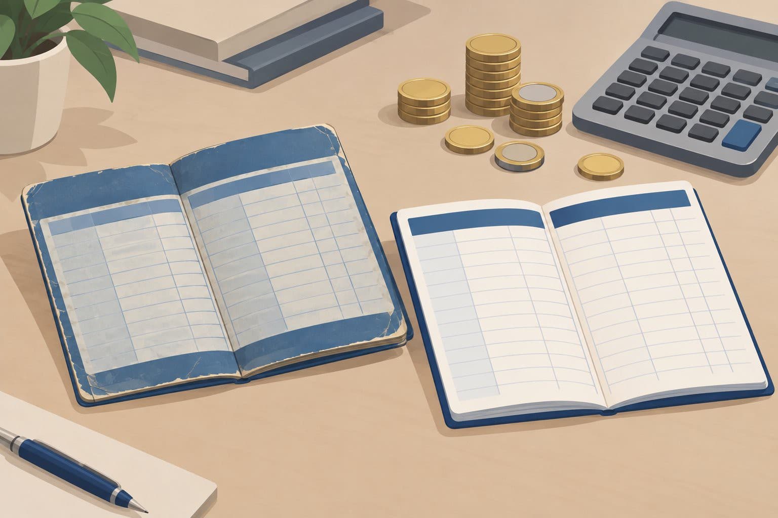 Deux livrets d'épargne ouverts, calculatrice et pièces de monnaie empilées sur un bureau.