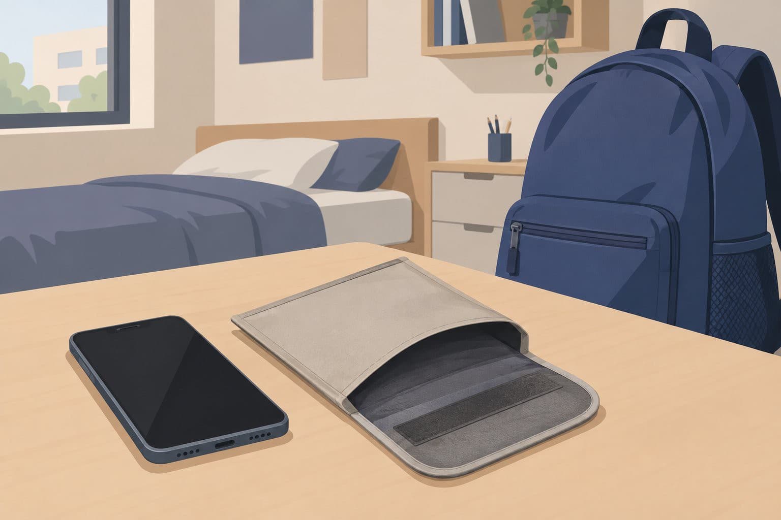 Smartphone éteint près d'une pochette anti-ondes et d'un sac à dos.