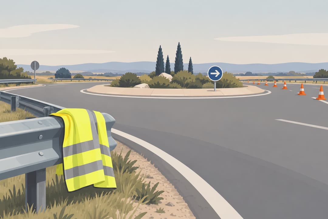 Gilet jaune posé sur une glissière de rond-point, cônes orange en arrière-plan.
