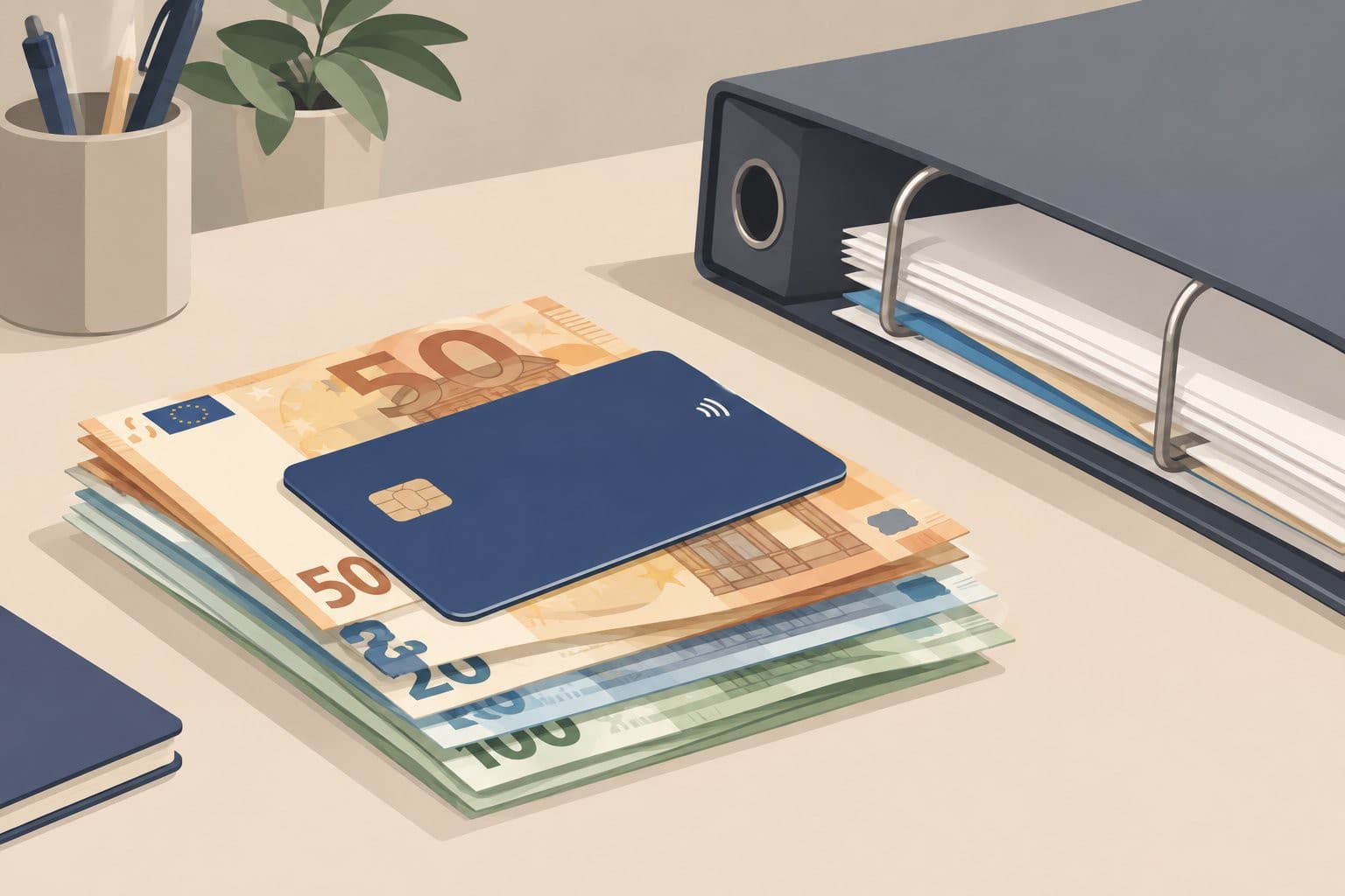 Carte bancaire vierge posée sur des billets en euros, près d'un classeur ouvert.