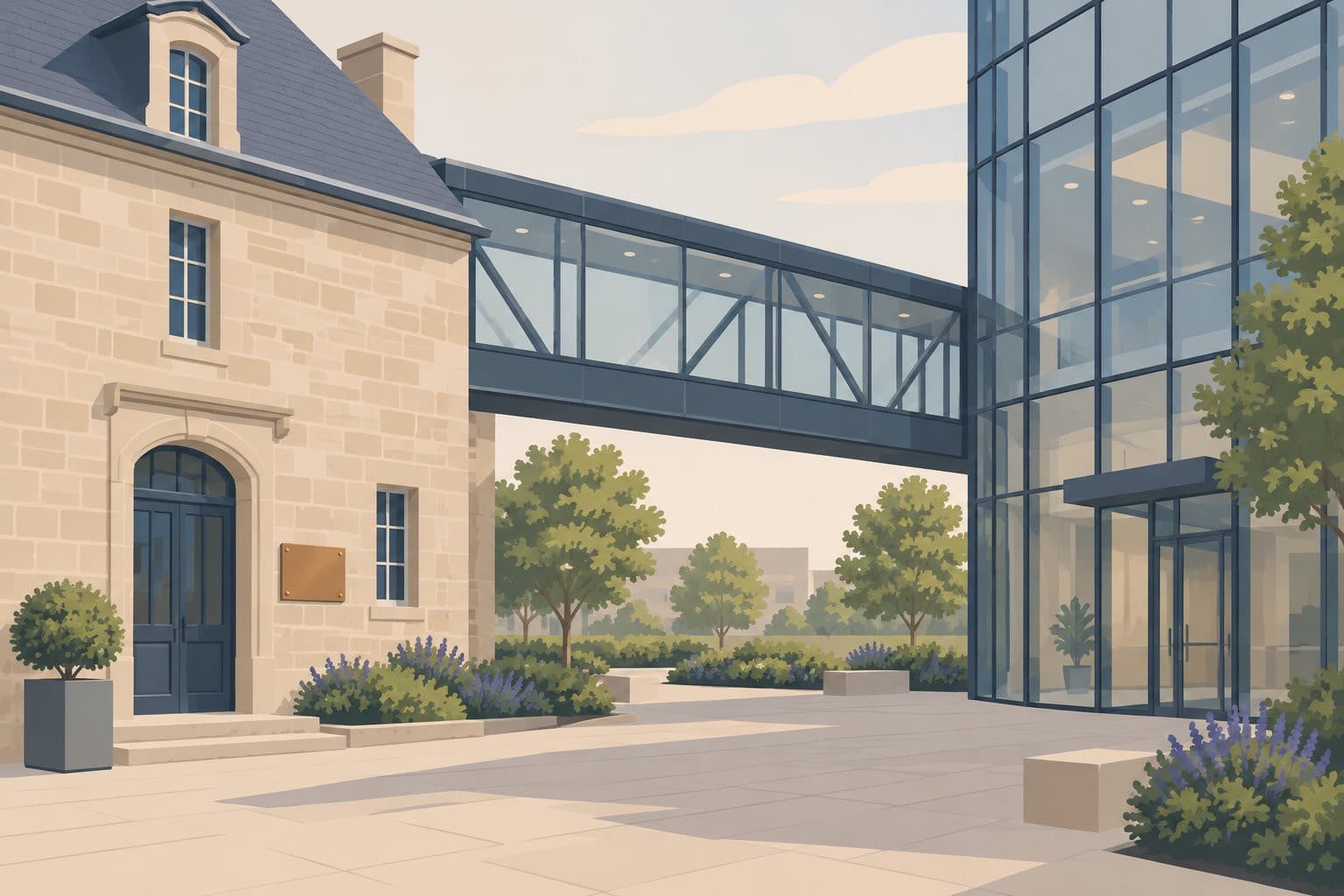 Cour reliant un bâtiment en pierre et une tour de verre par une passerelle couverte.